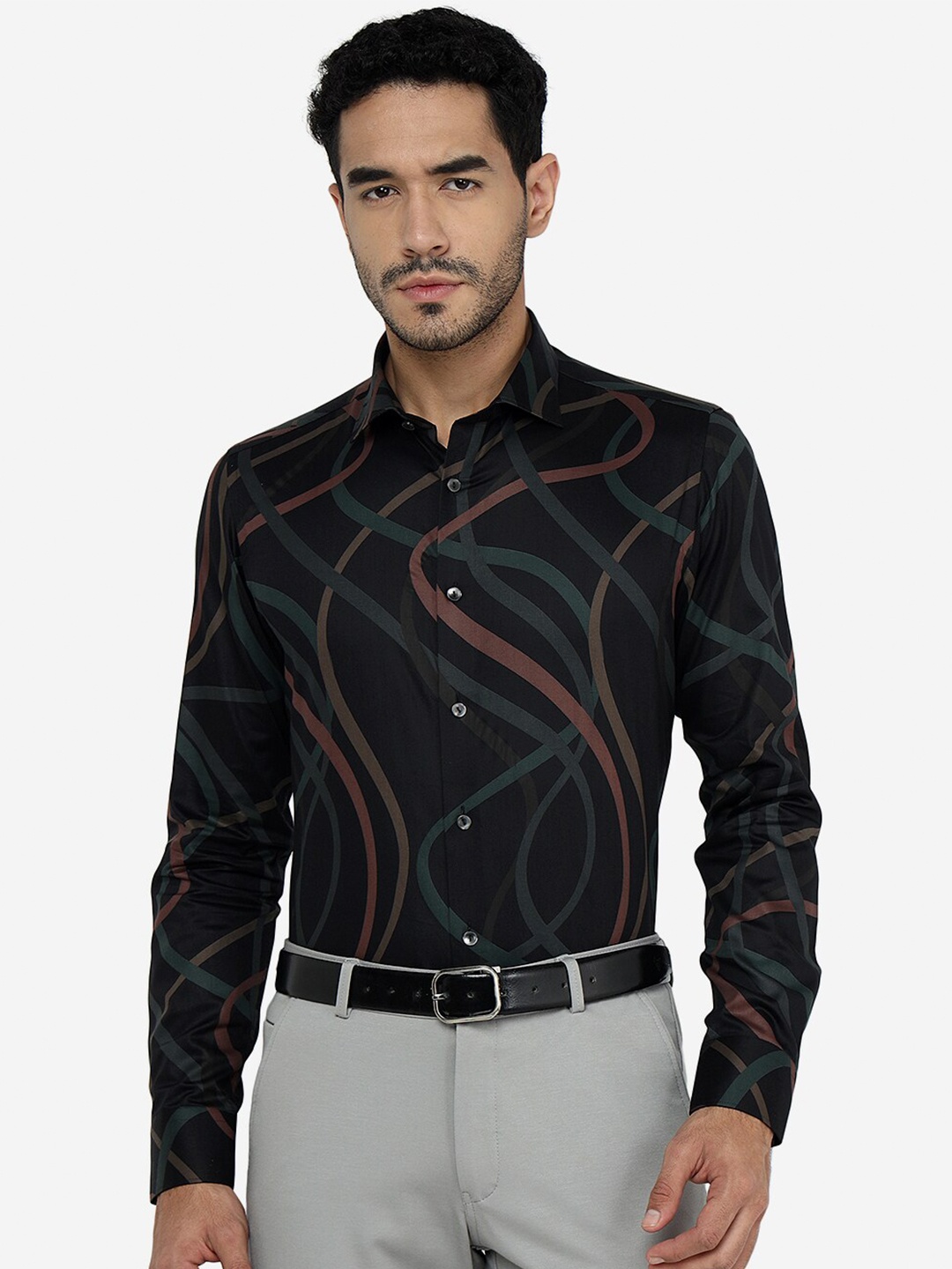 

JB STUDIO Slim Fit Abstract Printed Cotton Casual Shirt, Black