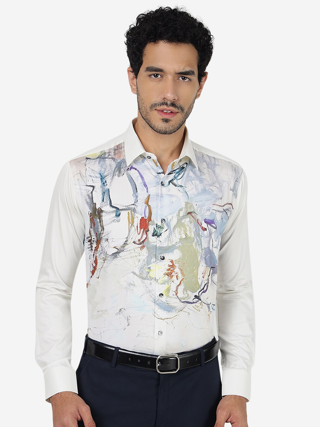 

JB STUDIO Slim Fit Abstract Printed Cotton Casual Shirt, Cream