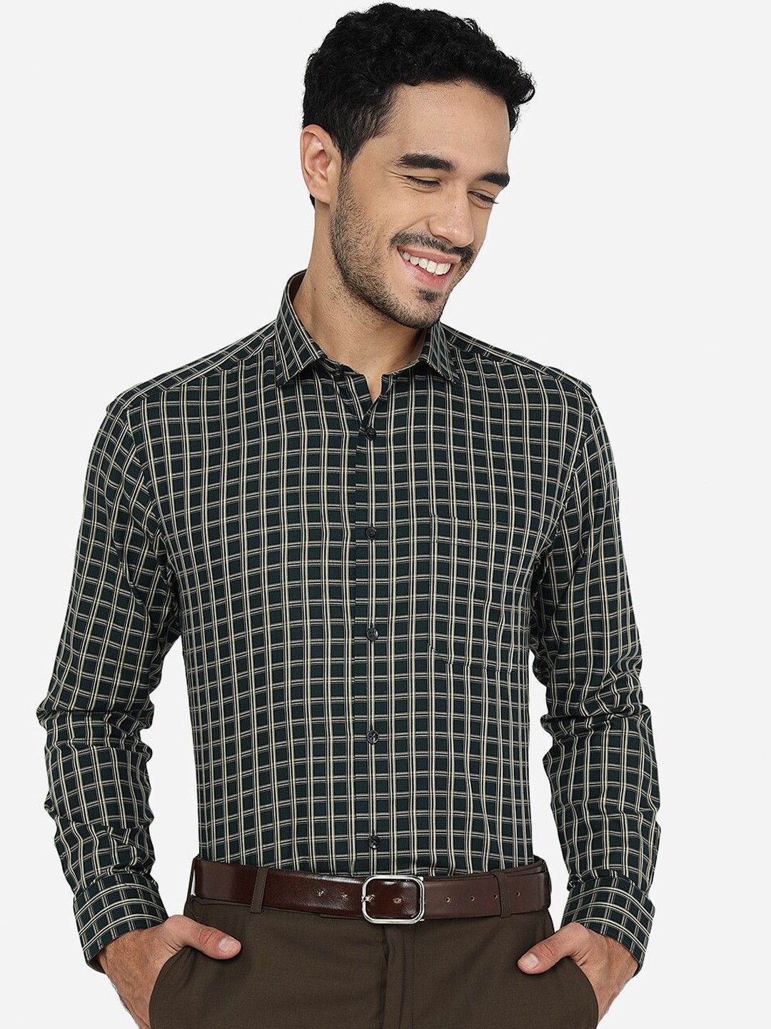 

METAL Slim Fit Checked Pure Cotton Formal Shirt, Green