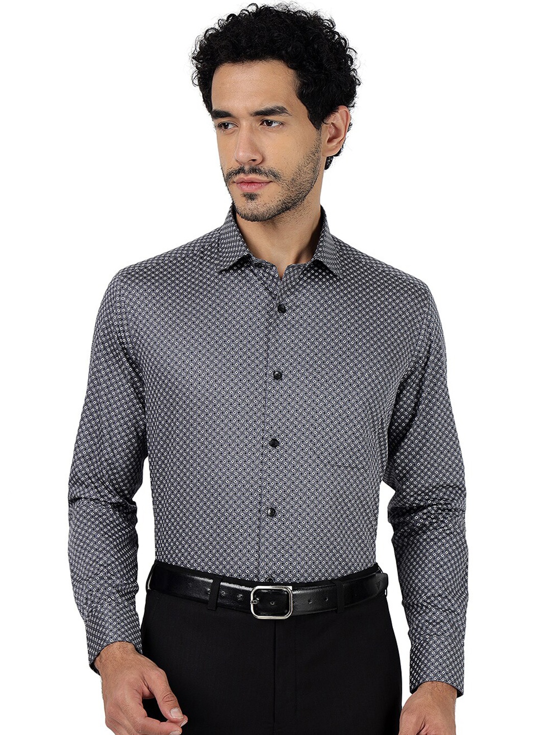 

METAL Slim Fit Micro Ditsy Printed Pure Cotton Formal Shirt, Grey