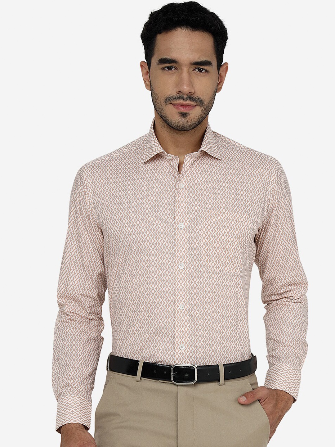 

METAL Slim Fit Micro Ditsy Printed Pure Cotton Formal Shirt, Peach