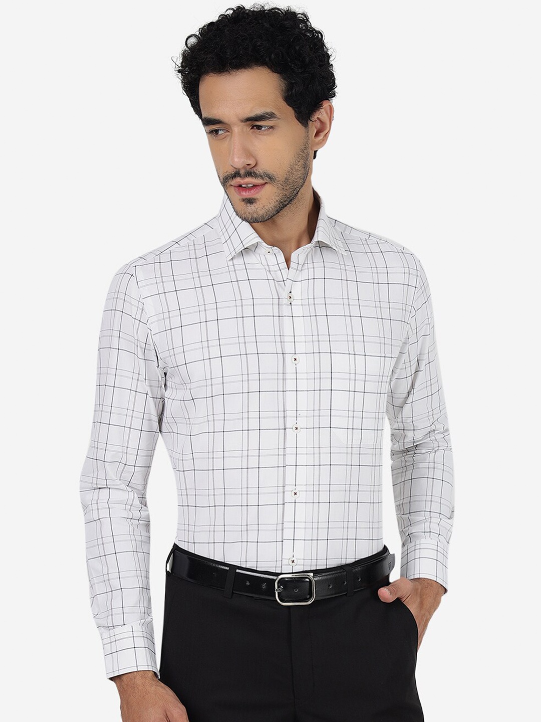 

METAL Slim Fit Checked Pure Cotton Formal Shirt, White