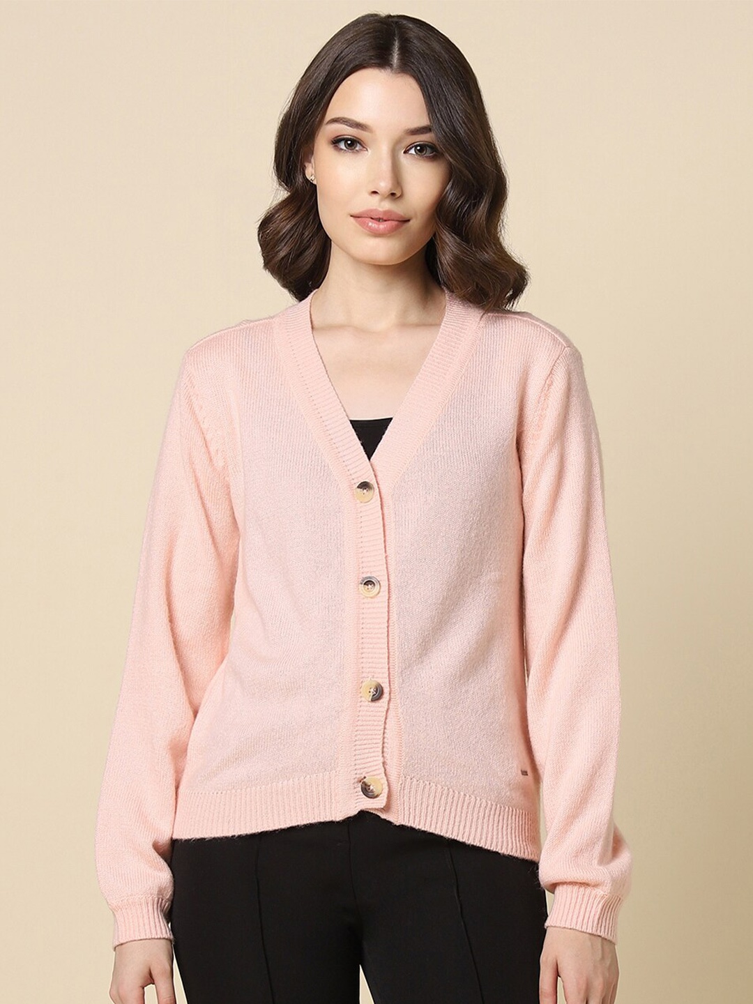 

Allen Solly Woman V-Neck Long Sleeves Pure Cotton Cardigan Sweater, Peach