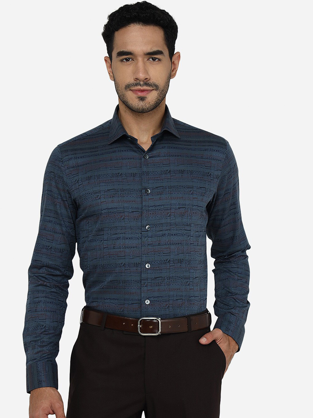 

WYRE Slim Fit Geometric Printed Pure Cotton Formal Shirt, Blue