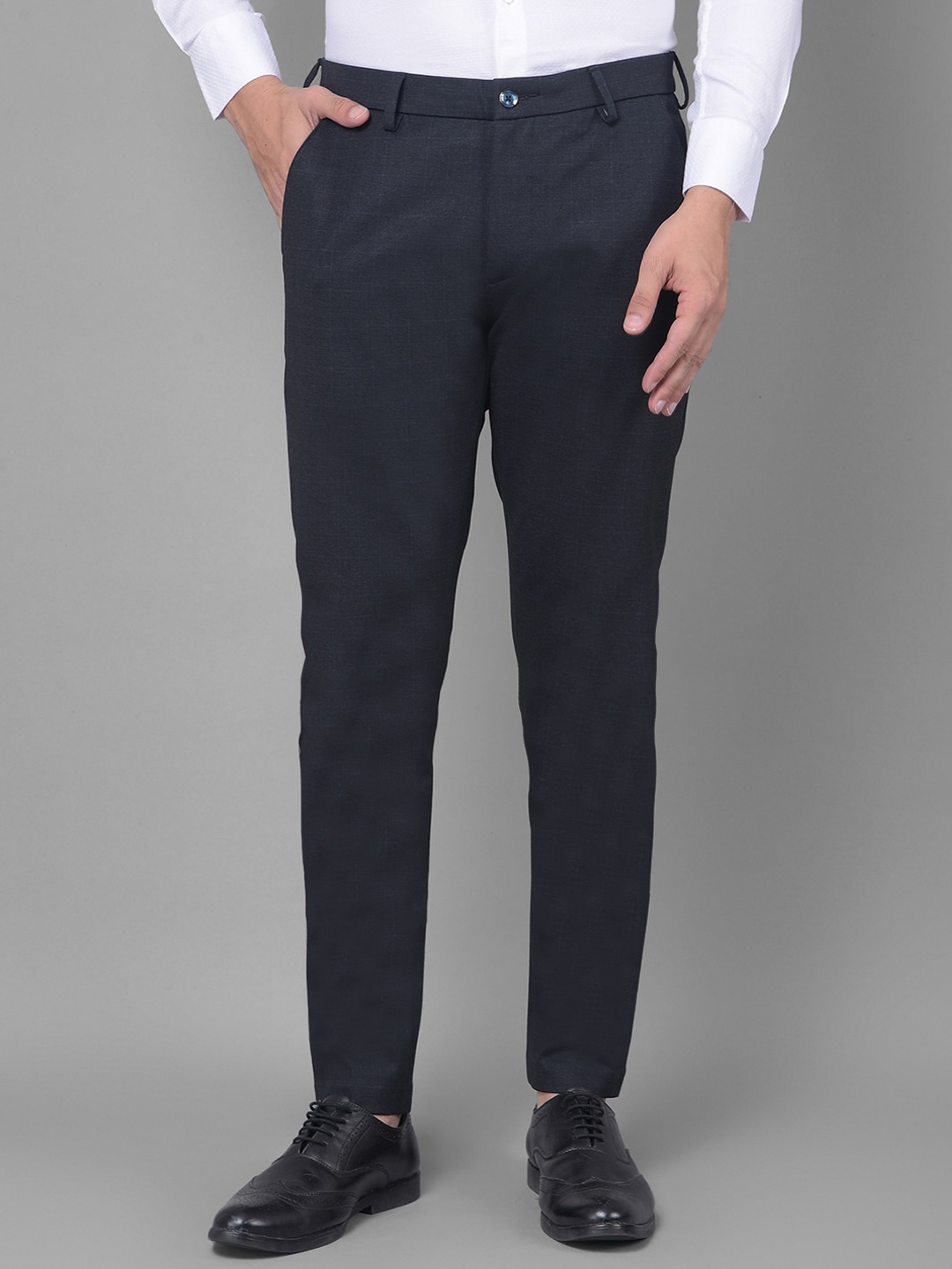 

Crimsoune Club Men Checked Mid-Rise Slim Fit Formal Trousers, Navy blue
