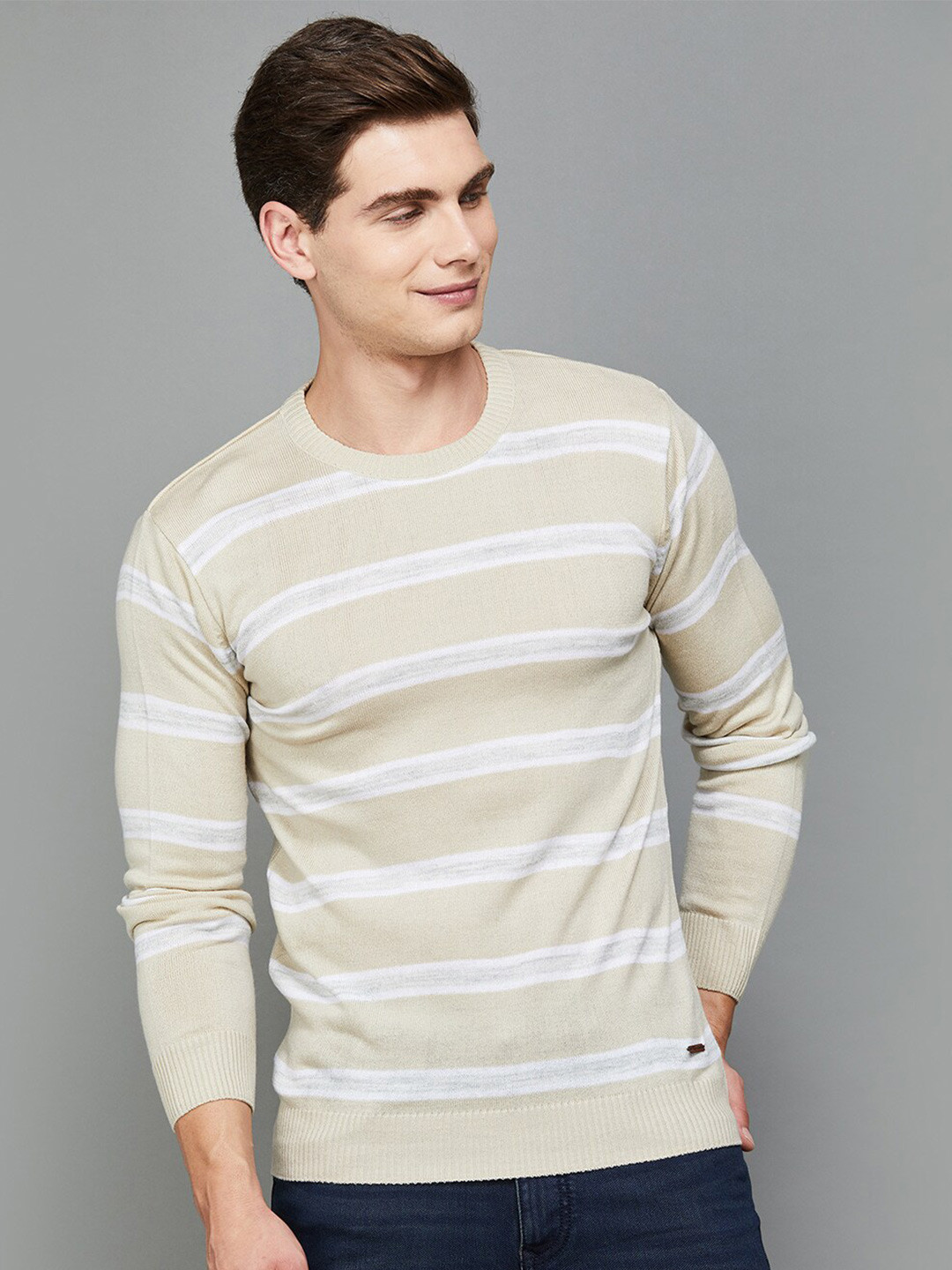 

Fame Forever by Lifestyle Striped Round Neck Long Sleeves Knit T-shirt, Beige