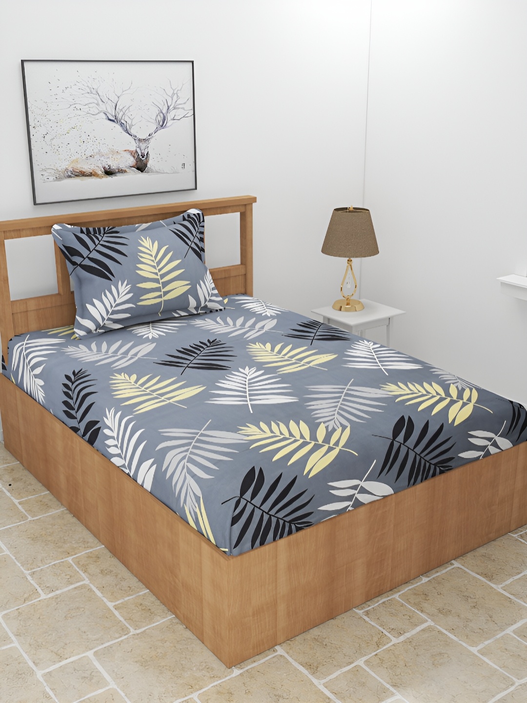 

BREVARD Maple Grey Flat Floral Polycotton 210 TC Single Bedsheet with Pillow Cover