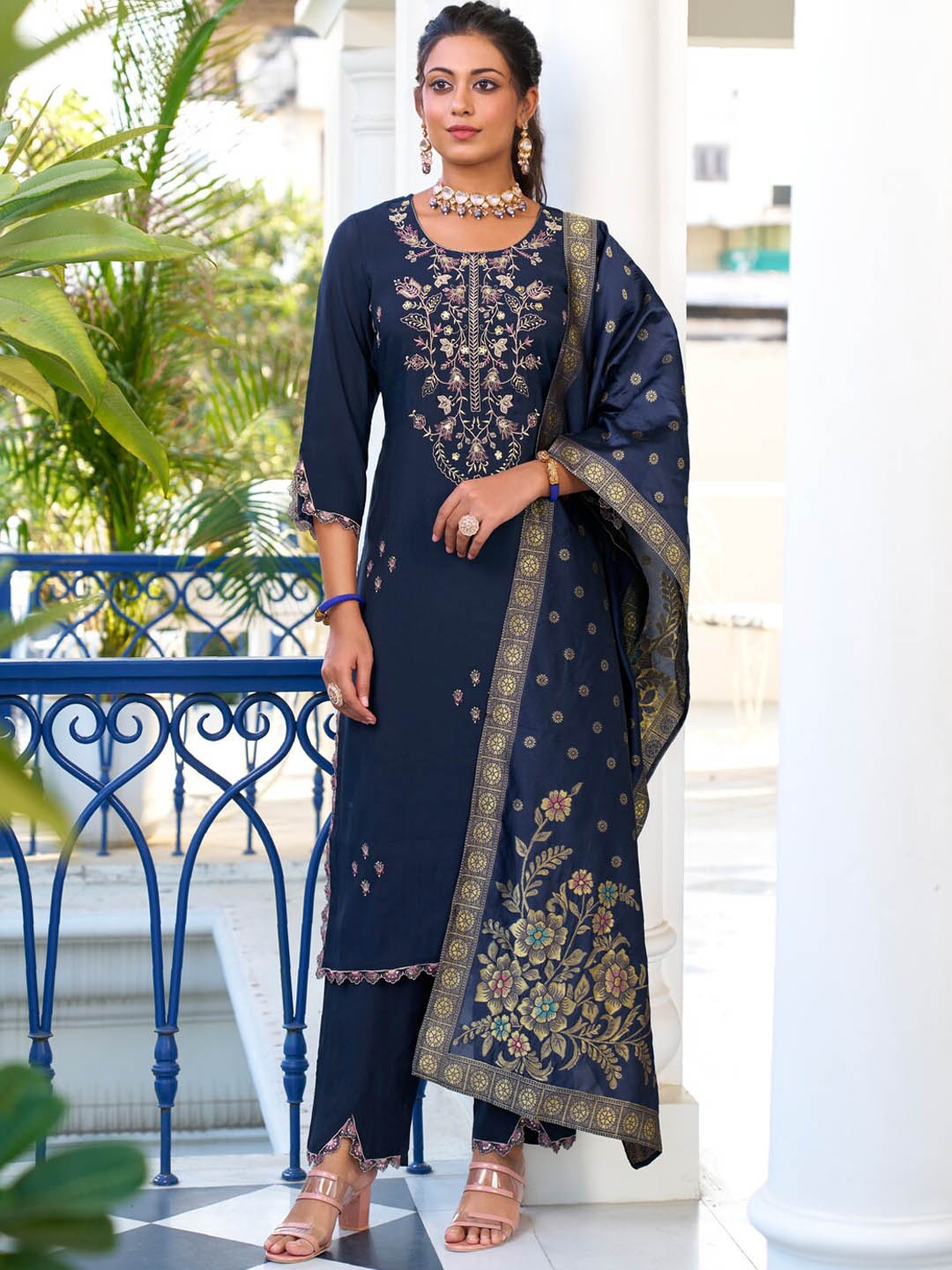 

VredeVogel Women Navy Blue Embroidered Regular Kurta with Trousers & With Dupatta