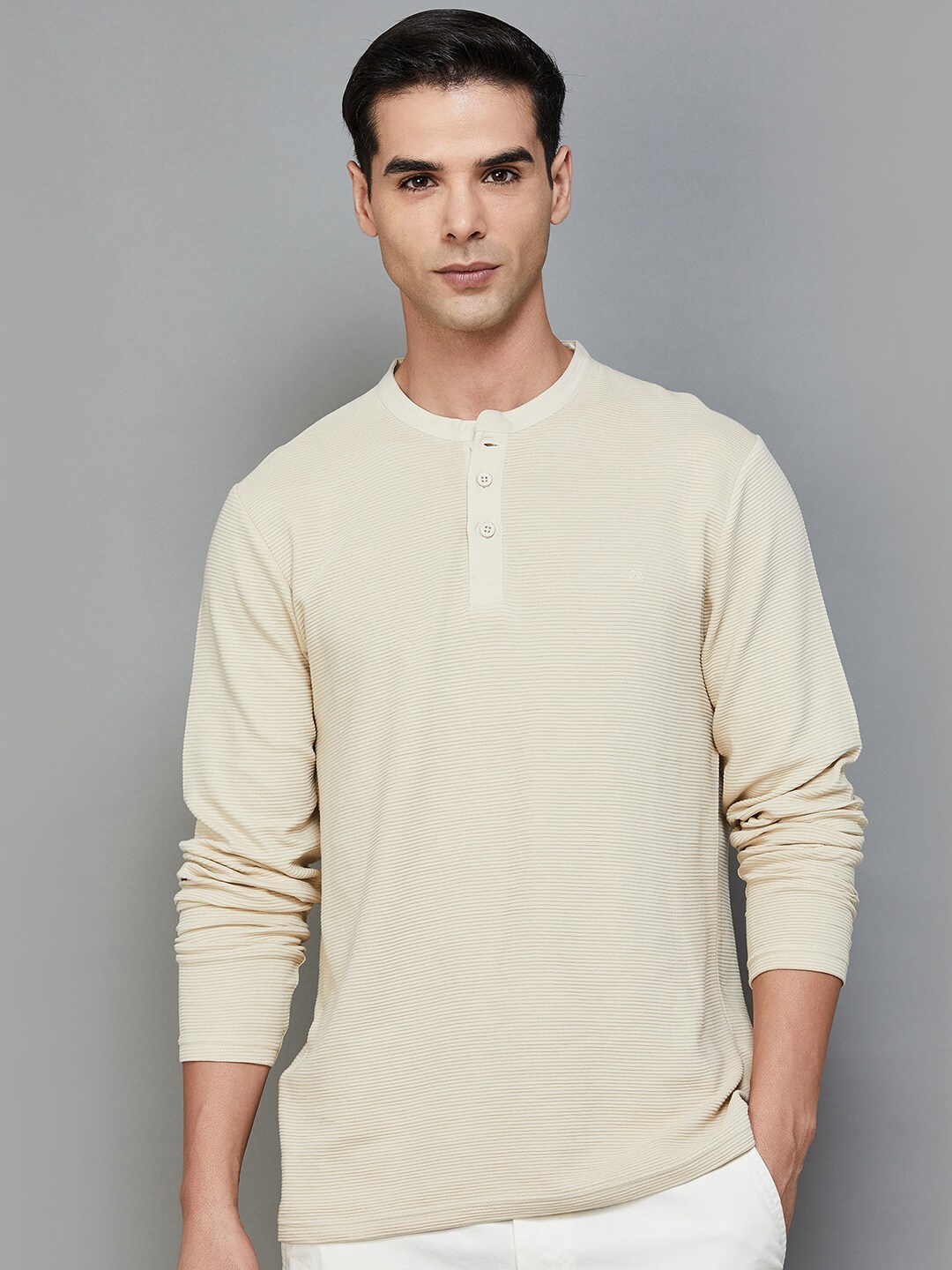 

Melange by Lifestyle Mandarin Collar Cotton Casual T-shirt, Beige