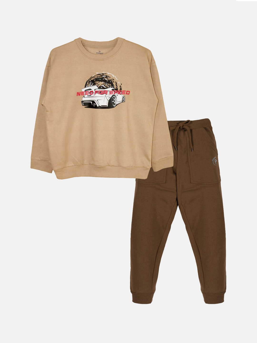 

KiddoPanti Boys Graphic Printed Fleece Tracksuit, Beige