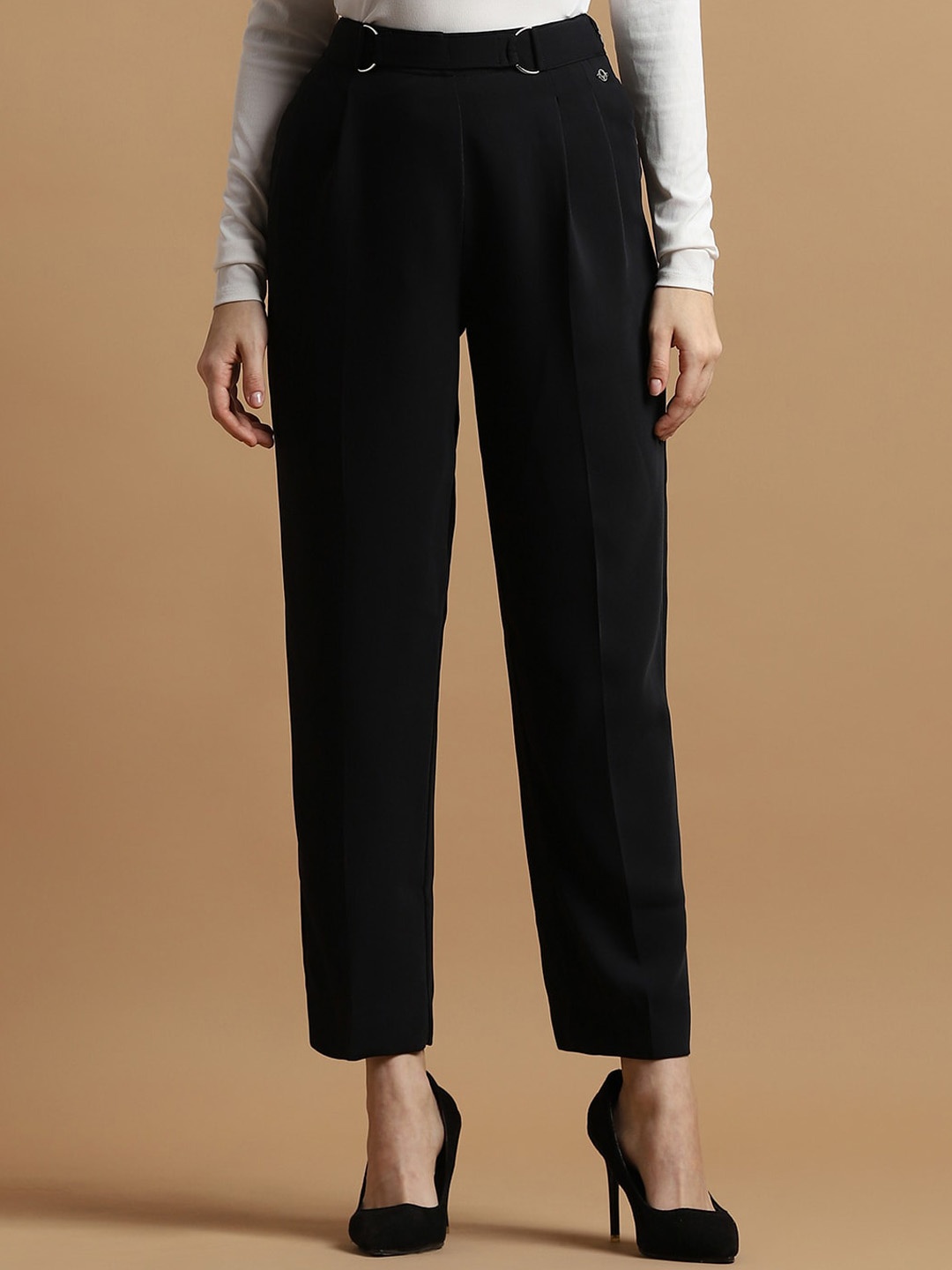 

Allen Solly Woman Mid Rise Pleated Formal Trousers, Black