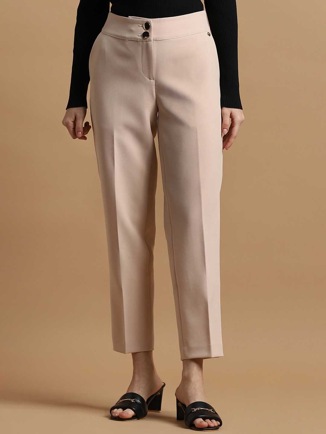 

Allen Solly Woman Mid Rise Slim Fit Cotton Formal Trousers, Beige
