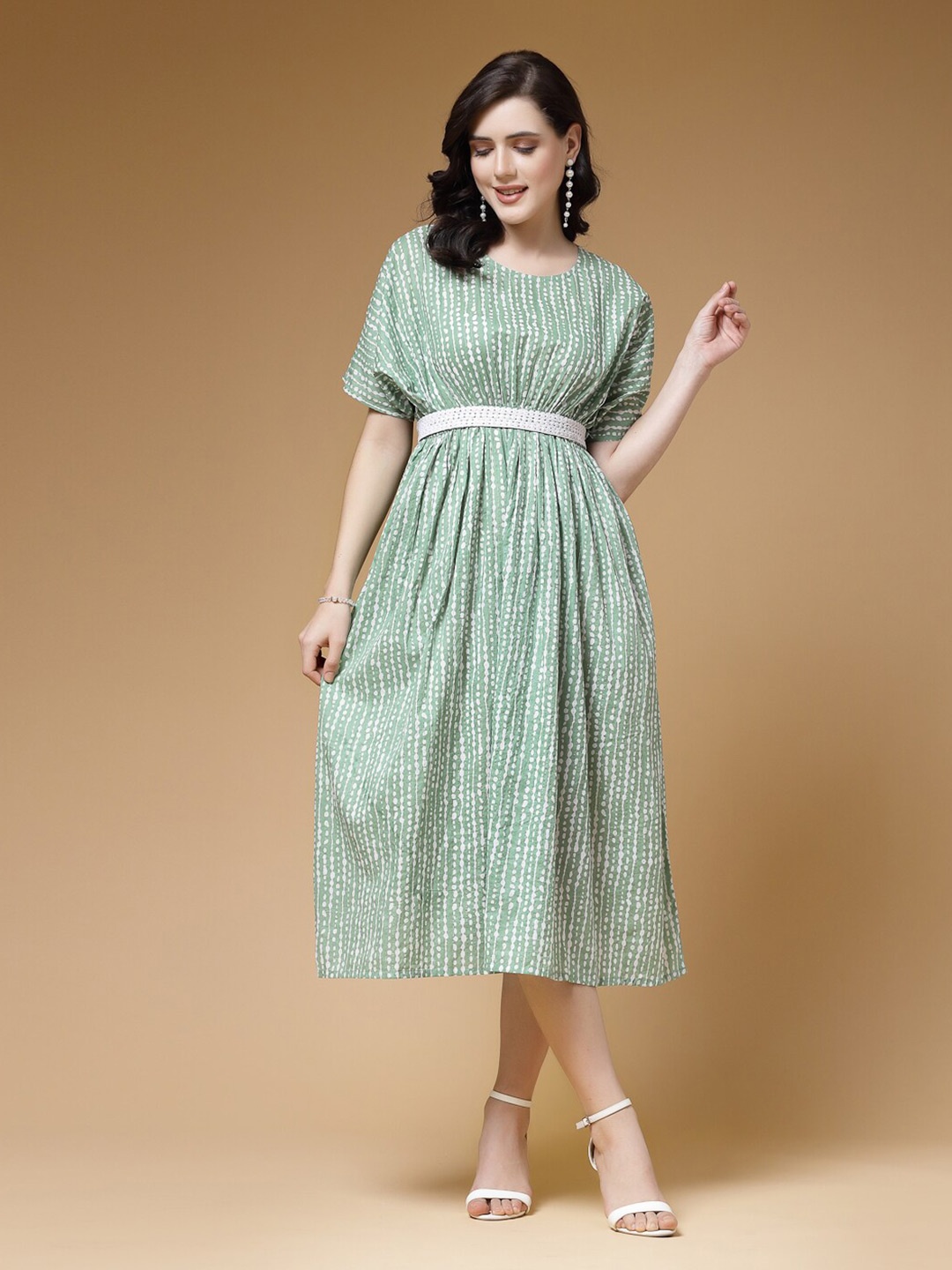 

Indibelle Striped A-Line Cotton Midi Dress, Green