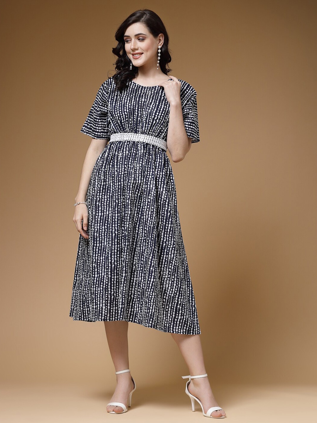 

Indibelle Striped Printed Belted A-Line Cotton Midi Dress, Navy blue