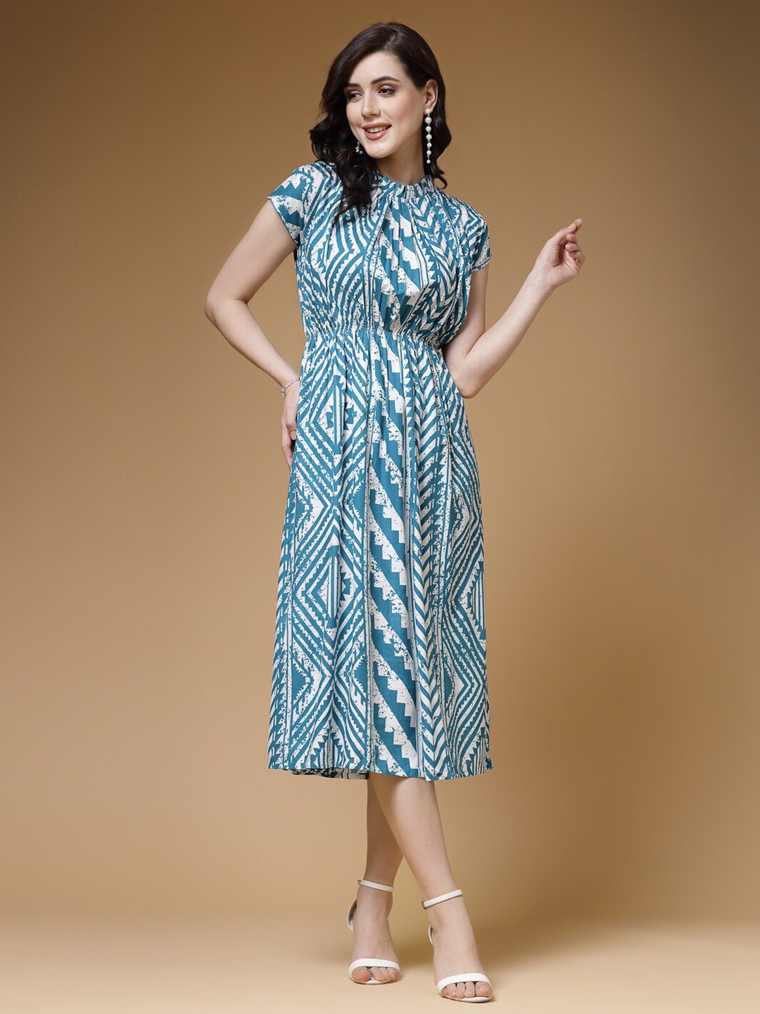 

Indibelle Geometric Printed A-Line Midi Dress, Turquoise blue