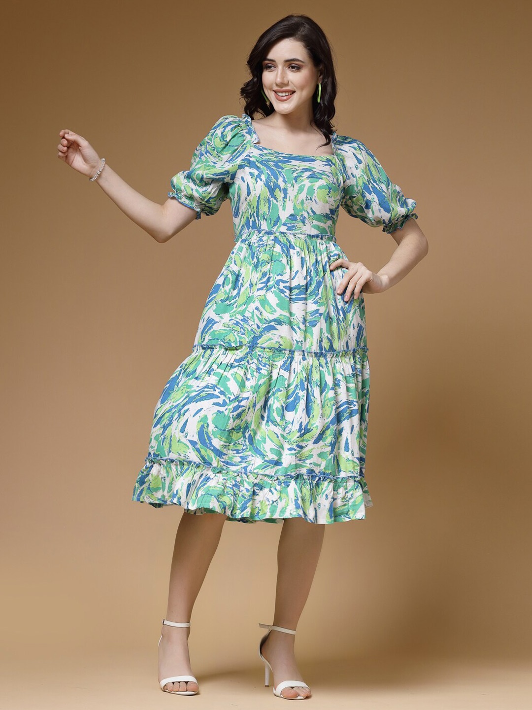 

Indibelle Abstract Printed Puff Sleeve Tiered A-Line Midi Dress, Sea green