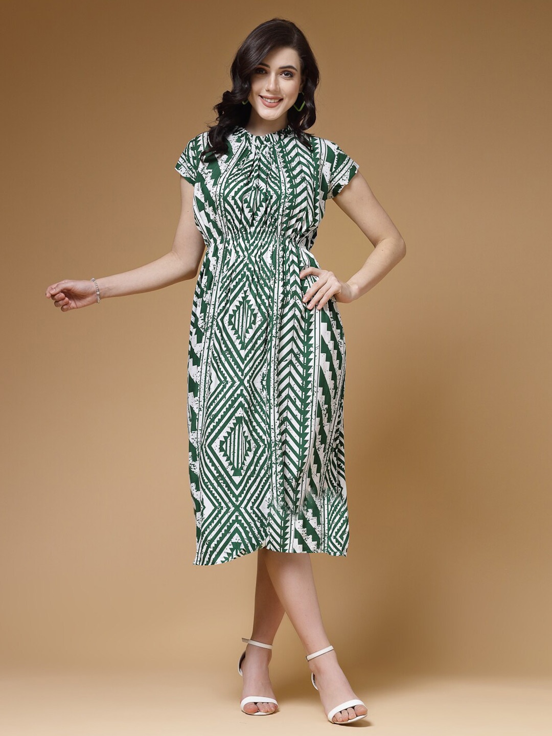 

Indibelle Geometric Printed A-Line Midi Dress, Green