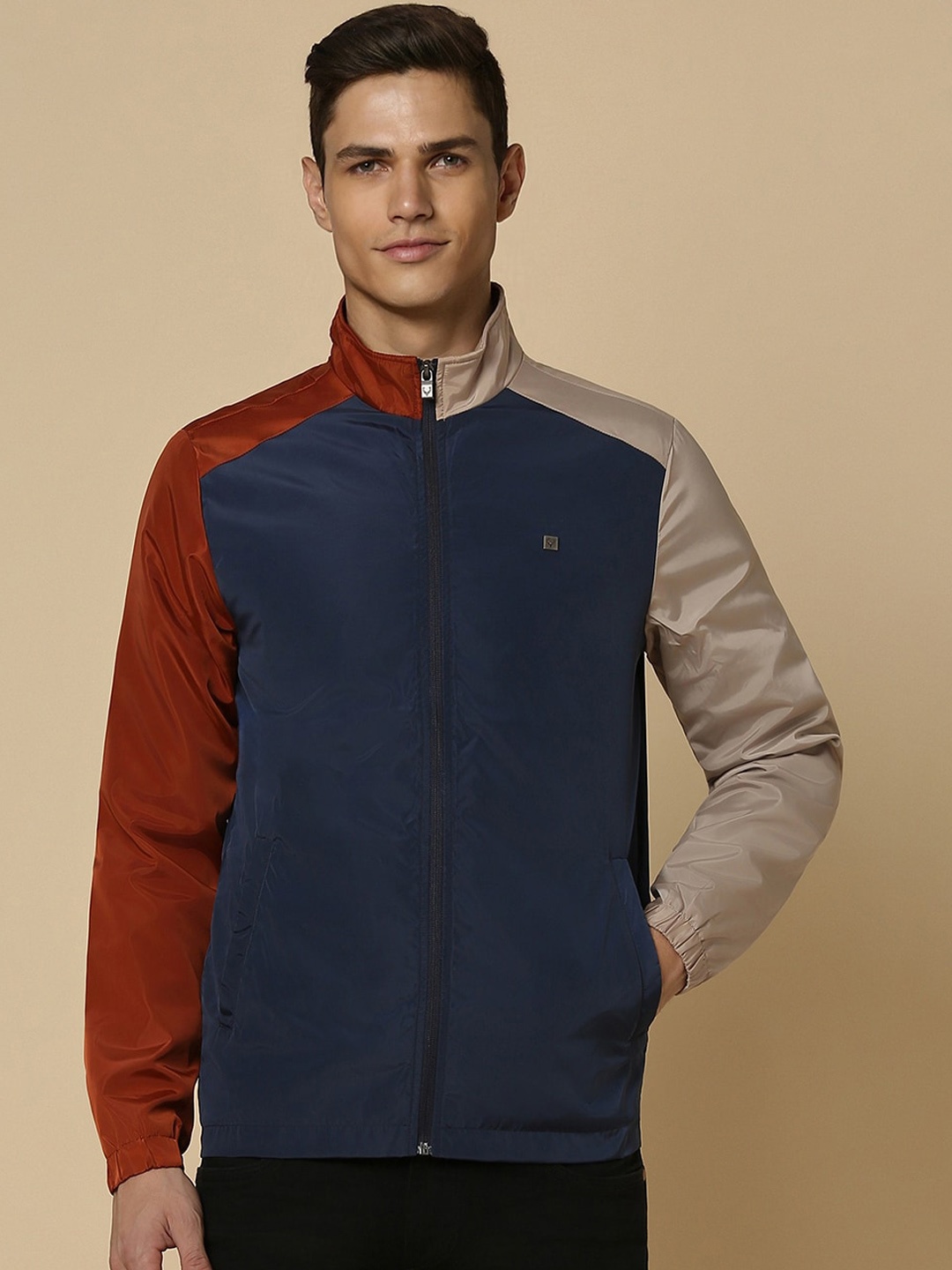 

Allen Solly Colourblocked Mock Collar Long Sleeve Zip Detail Bomber Jacket, Navy blue