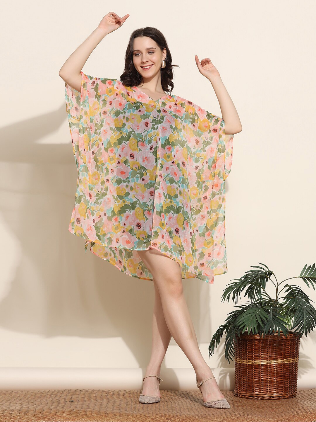 

Aditi Wasan Floral Printed V-Neck Flared Sleeve Semi Sheer Kaftan Dress, Pink
