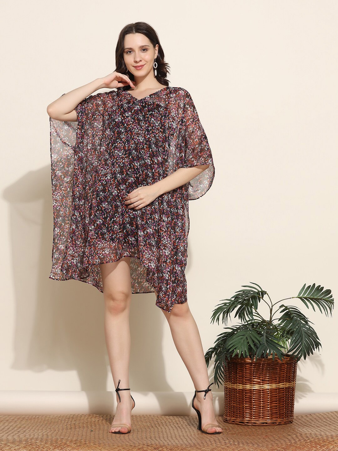 

Aditi Wasan Floral Printed V-Neck Flared Sleeve Semi Sheer Kaftan Dress, Black