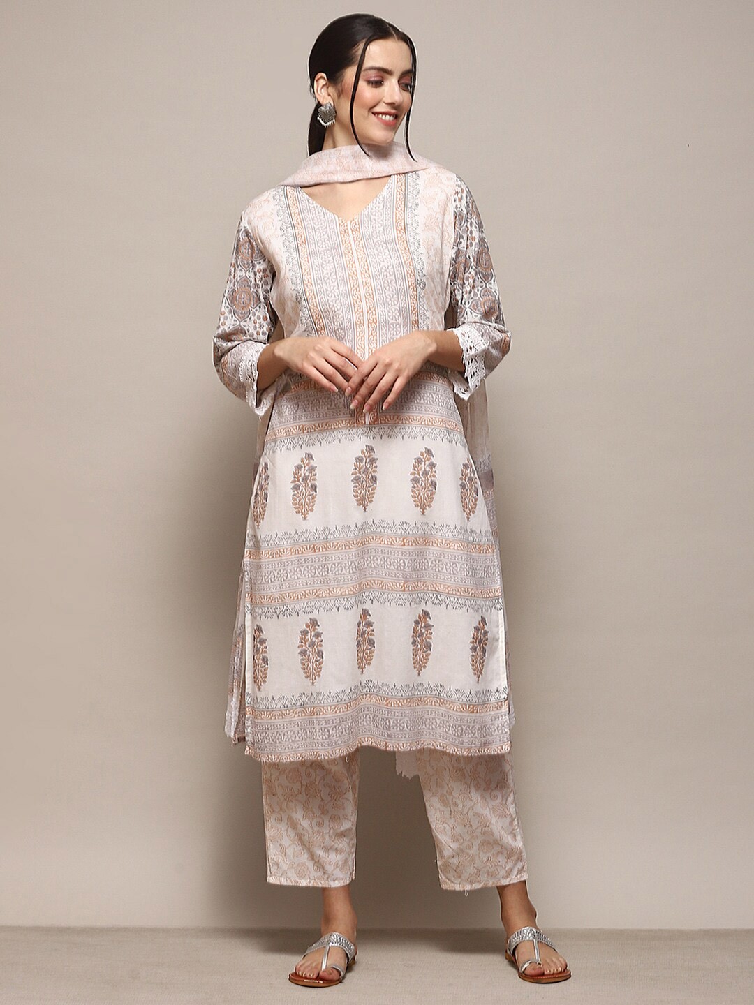 

Biba Ethnic Motif Printed Pure Cotton Unstitched Dress Material, White