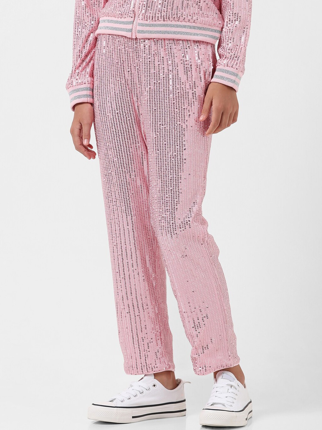 

Vero Moda Girls Textured Embellished Straight Fit High-Rise Trousers, Pink
