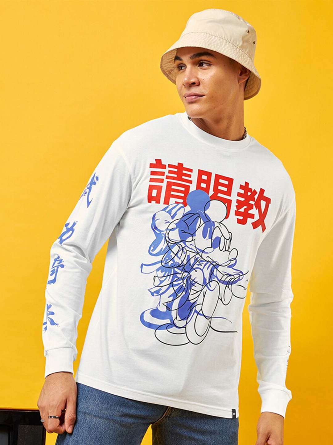 

Bewakoof White Humour and Comic Mickey Mouse Graphic Printed Oversized Cotton T-shirt