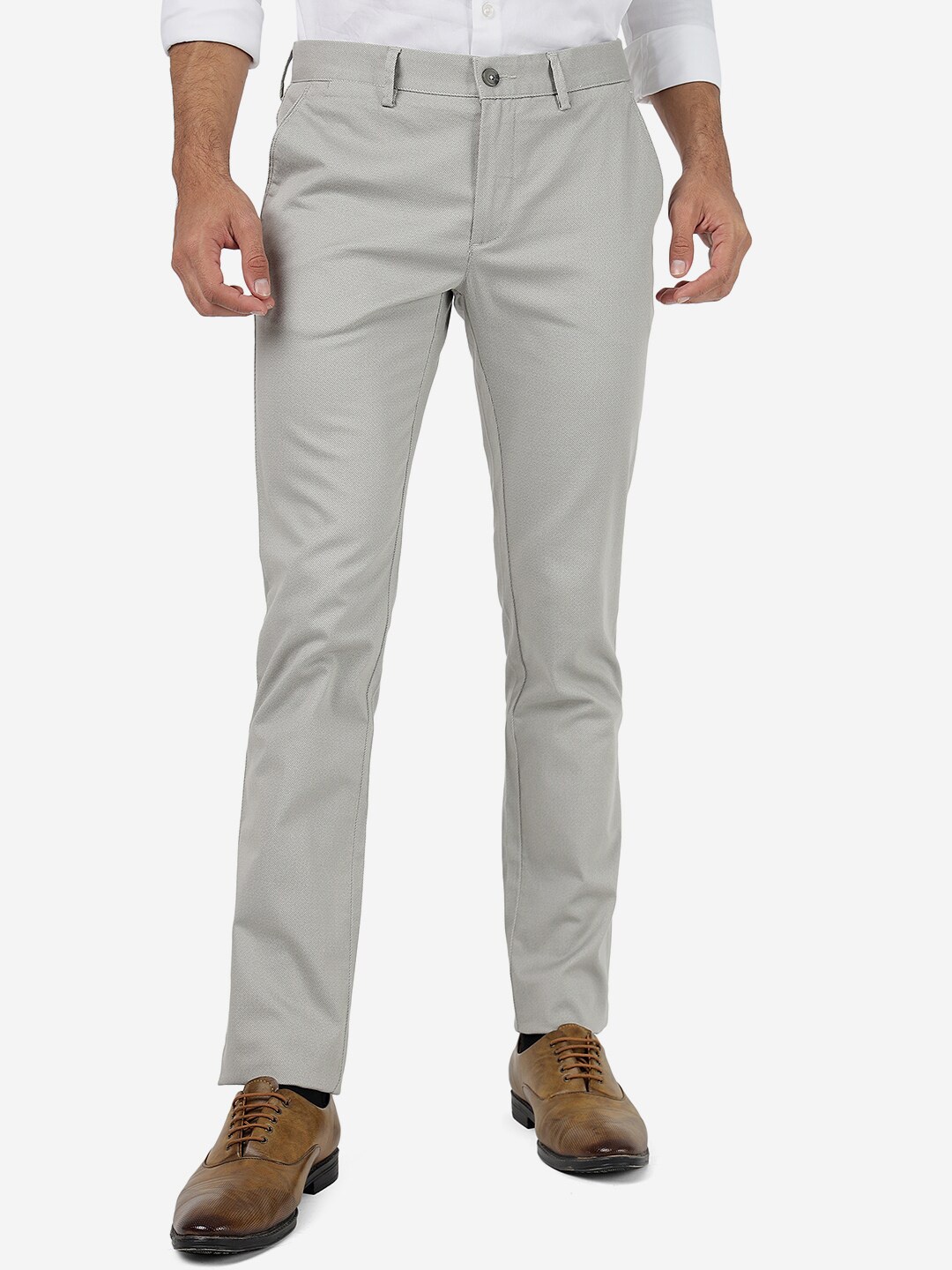 

Greenfibre Men Textured Slim Fit Pure Cotton Trousers, Grey