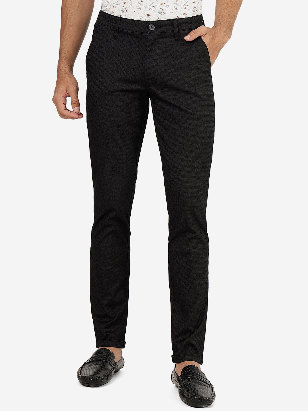 

Greenfibre Men Slim Fit Mid-Rise Plain Cotton Regular Trousers, Black