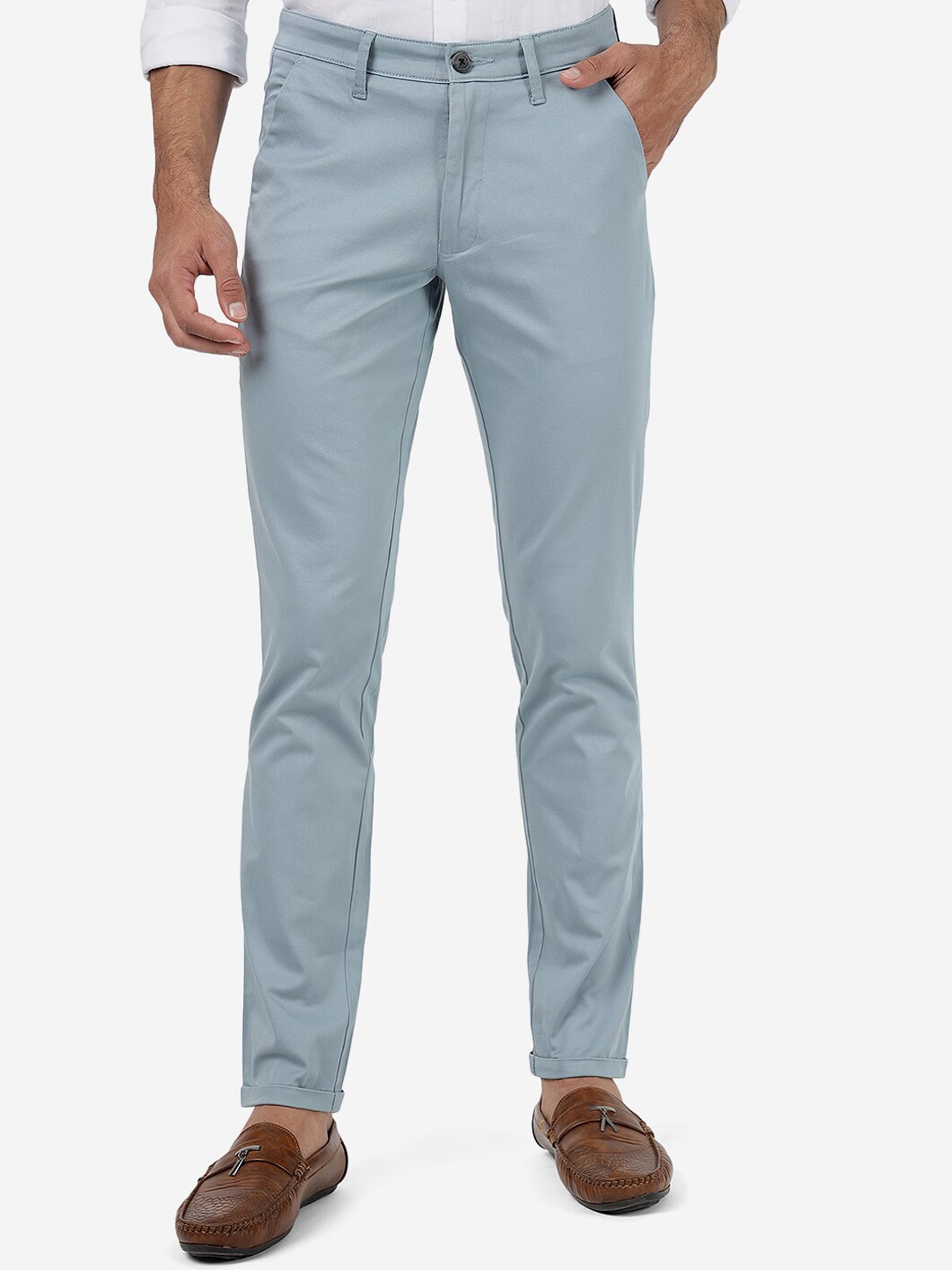 

Greenfibre Men Textured Slim Fit Pure Cotton Chinos Trousers, Grey