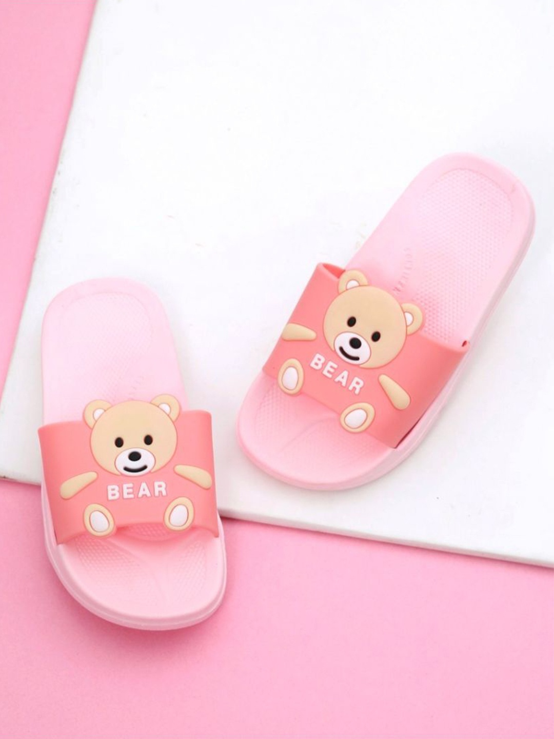 

Yellow Bee Girls Bear Printed Rubber Sliders, Pink