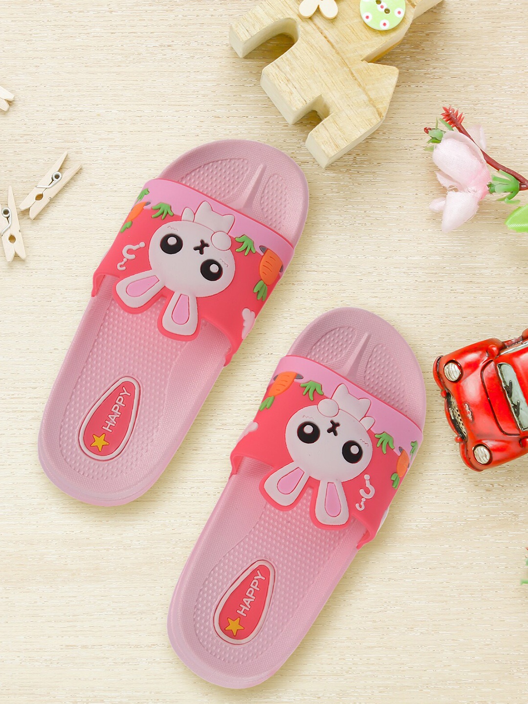 

Yellow Bee Girls Bunny Detail Rubber Sliders, Pink