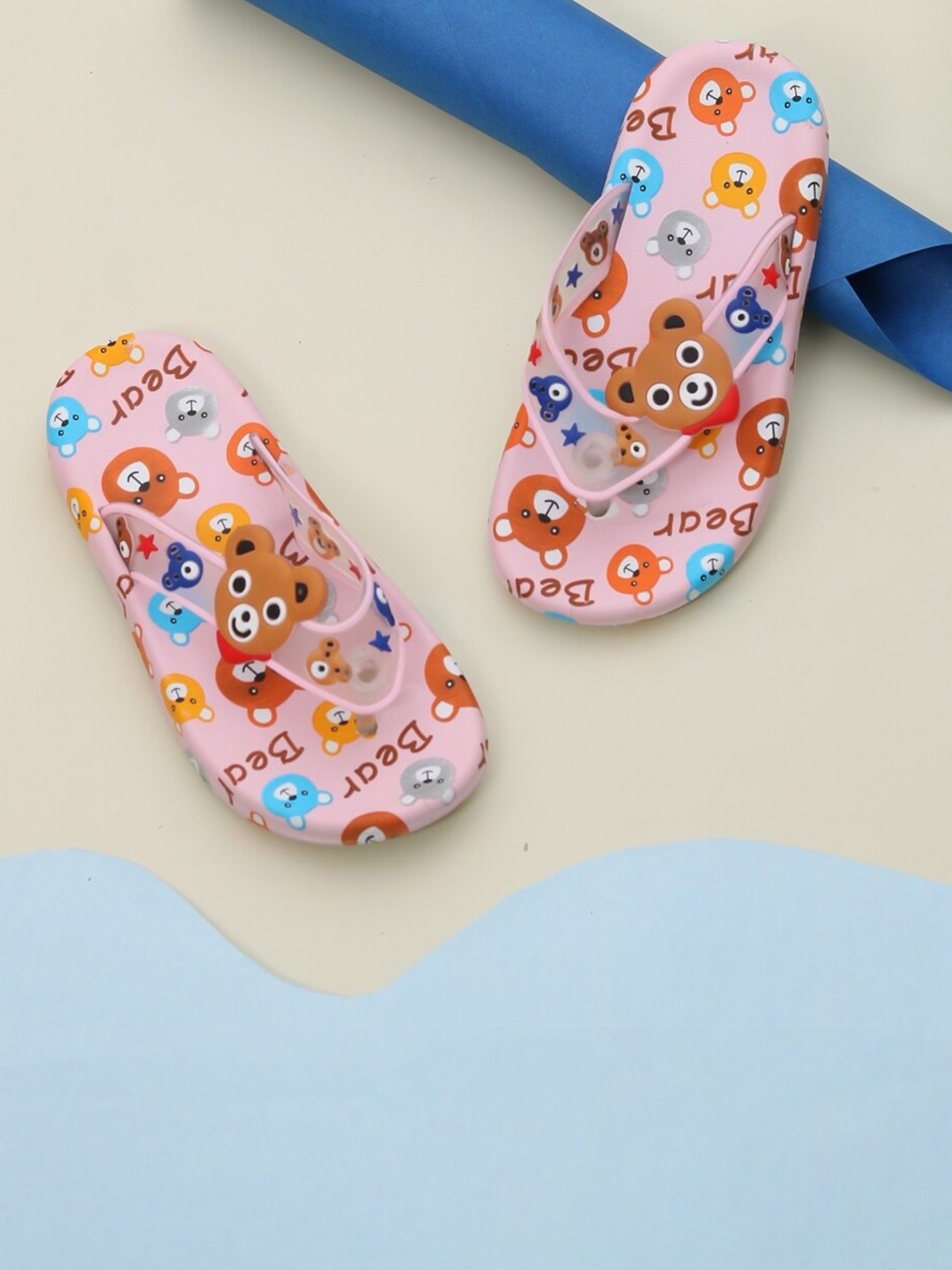 

Yellow Bee Girls Bear Printed Thong Flip-Flops, Pink