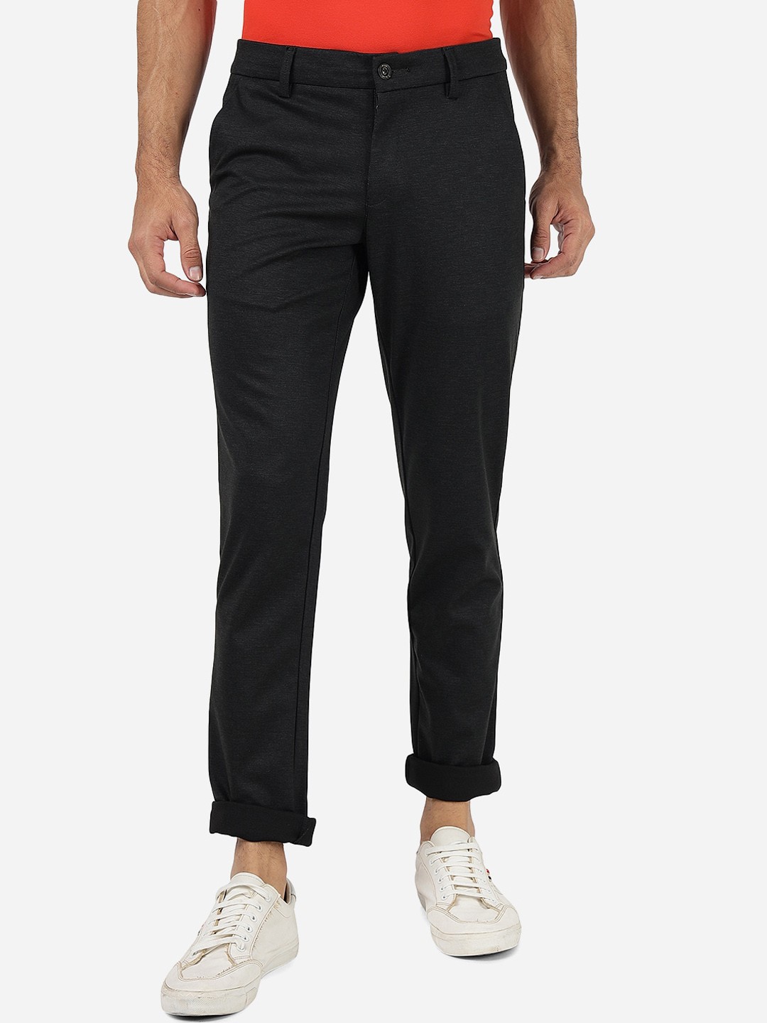 

JADE BLUE Men Mid Rise Textured Plain Pure Cotton Chinos, Black