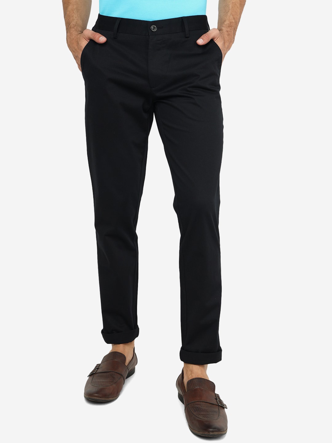

JADE BLUE Men Mid-Rise Slim Fit Pure Cotton Trousers, Black