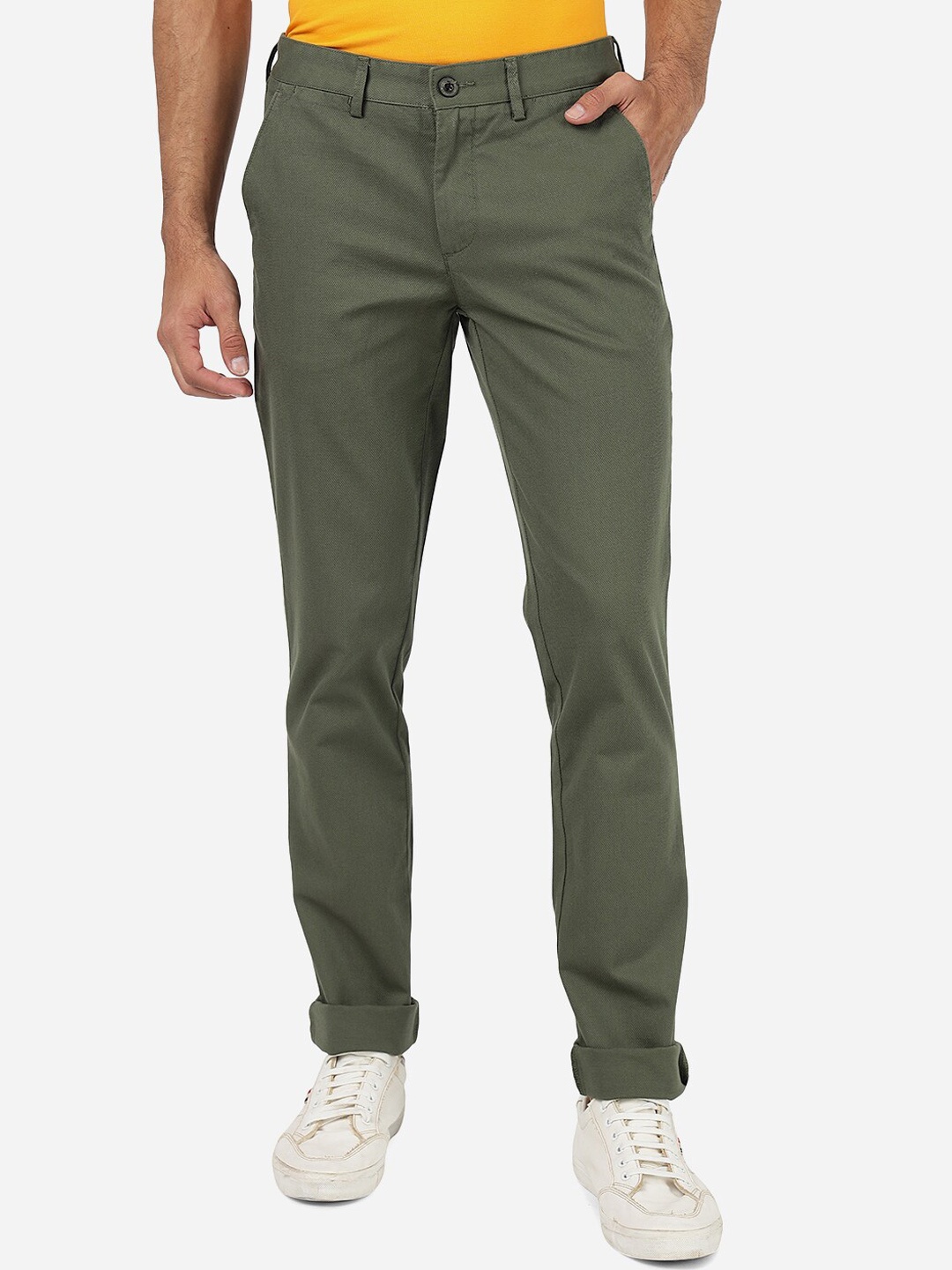 

JADE BLUE Men Slim Fit Pure Cotton Trousers, Green