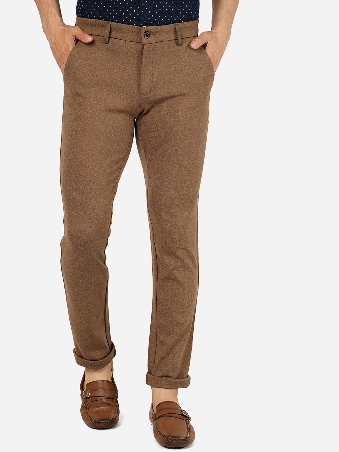 

JADE BLUE Men Mid Rise Textured Plain Pure Cotton Chinos, Brown