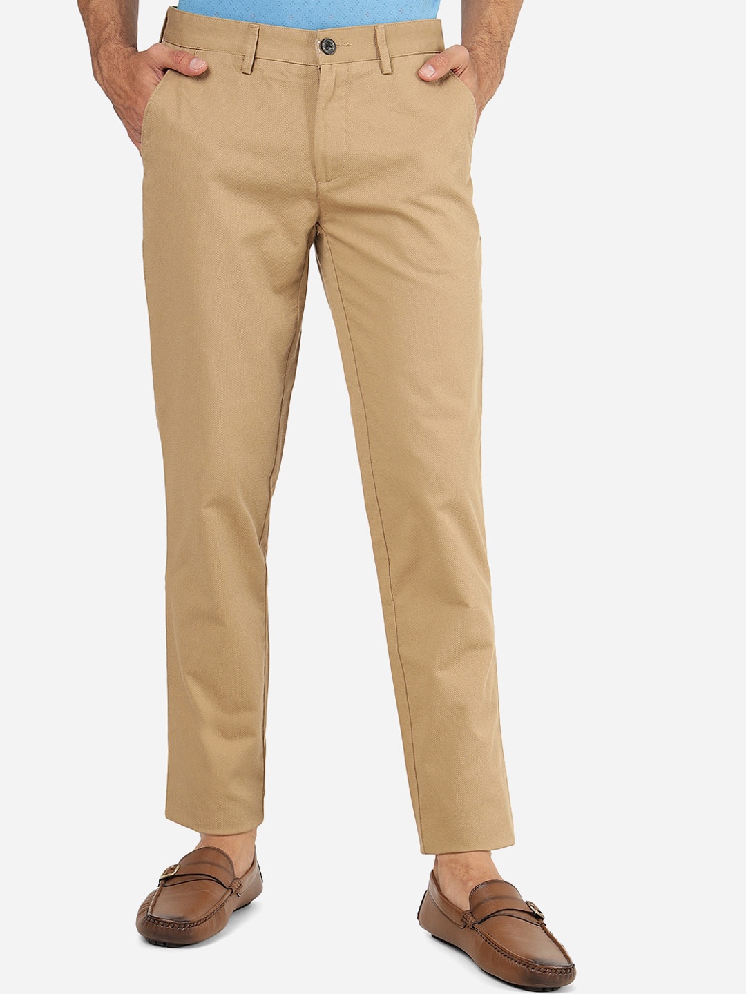 

JADE BLUE Men Mid Rise Plain Pure Cotton Slim Fit Trouser, Khaki