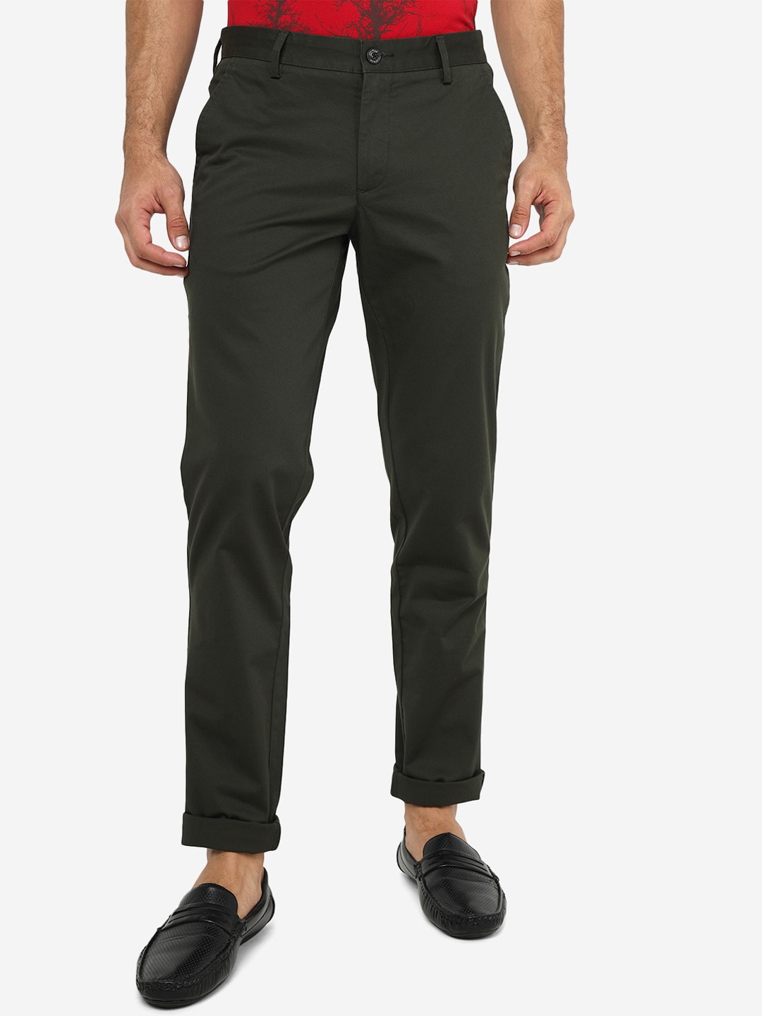 

JADE BLUE Men Mid Rise Slim Fit Cotton Casual Trousers, Green