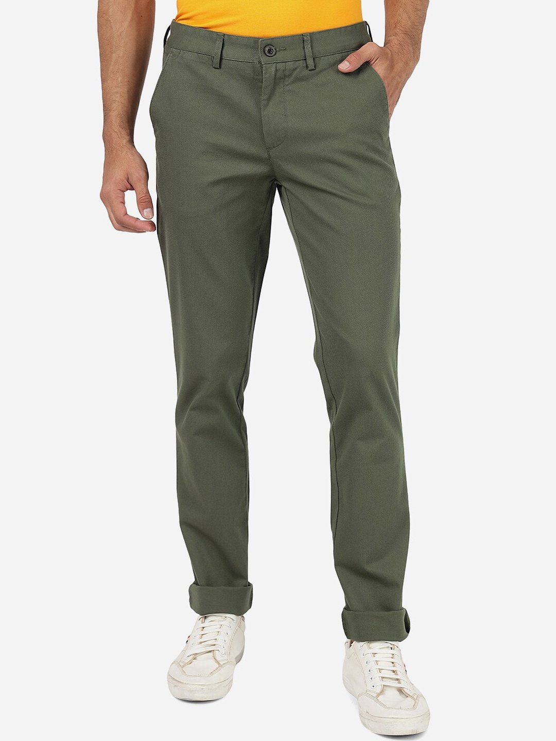 

JADE BLUE Men Slim Fit Pure Cotton Trousers, Green