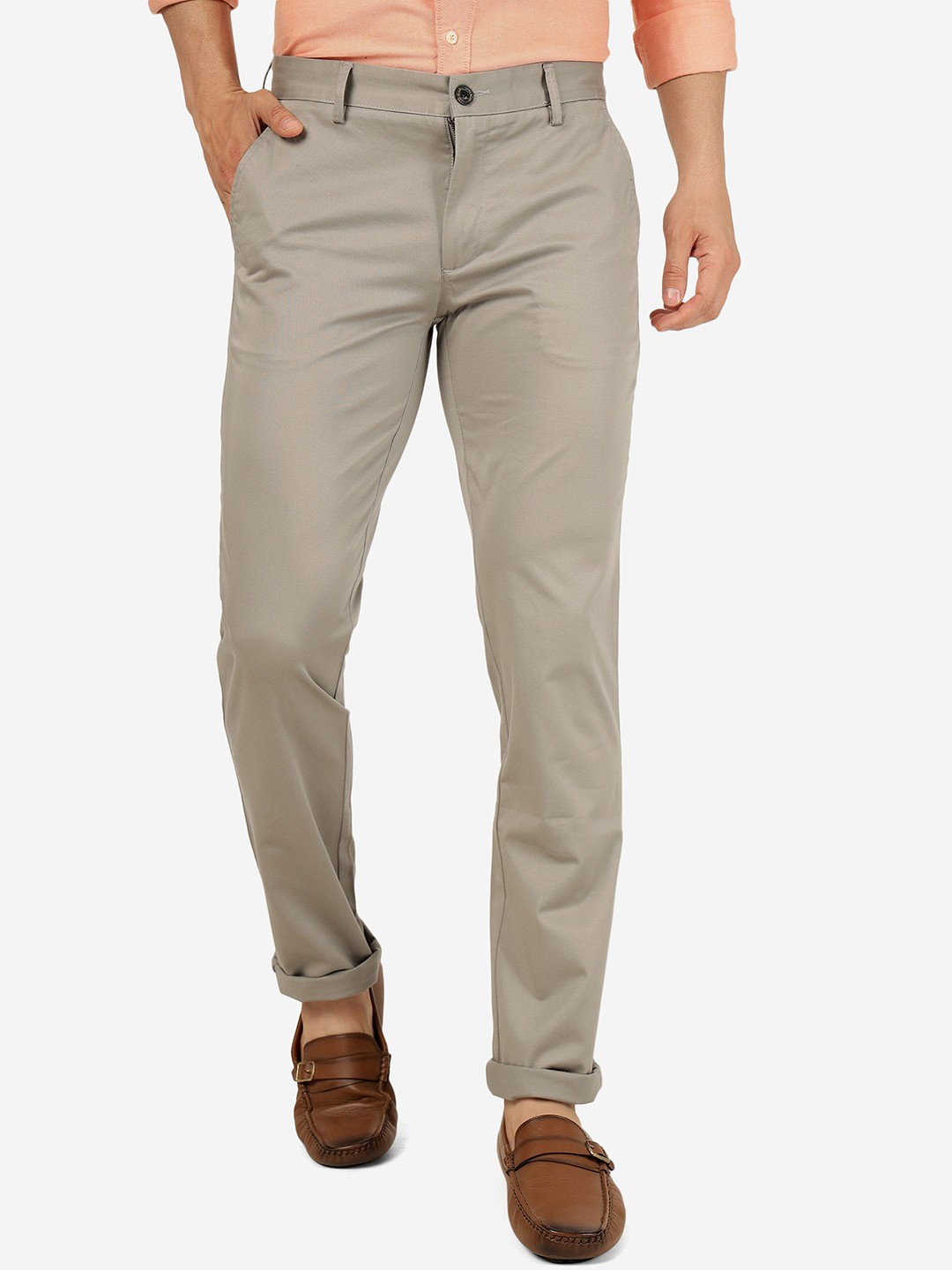

JADE BLUE Men Mid Rise Slim Fit Pure Cotton Trousers, Grey