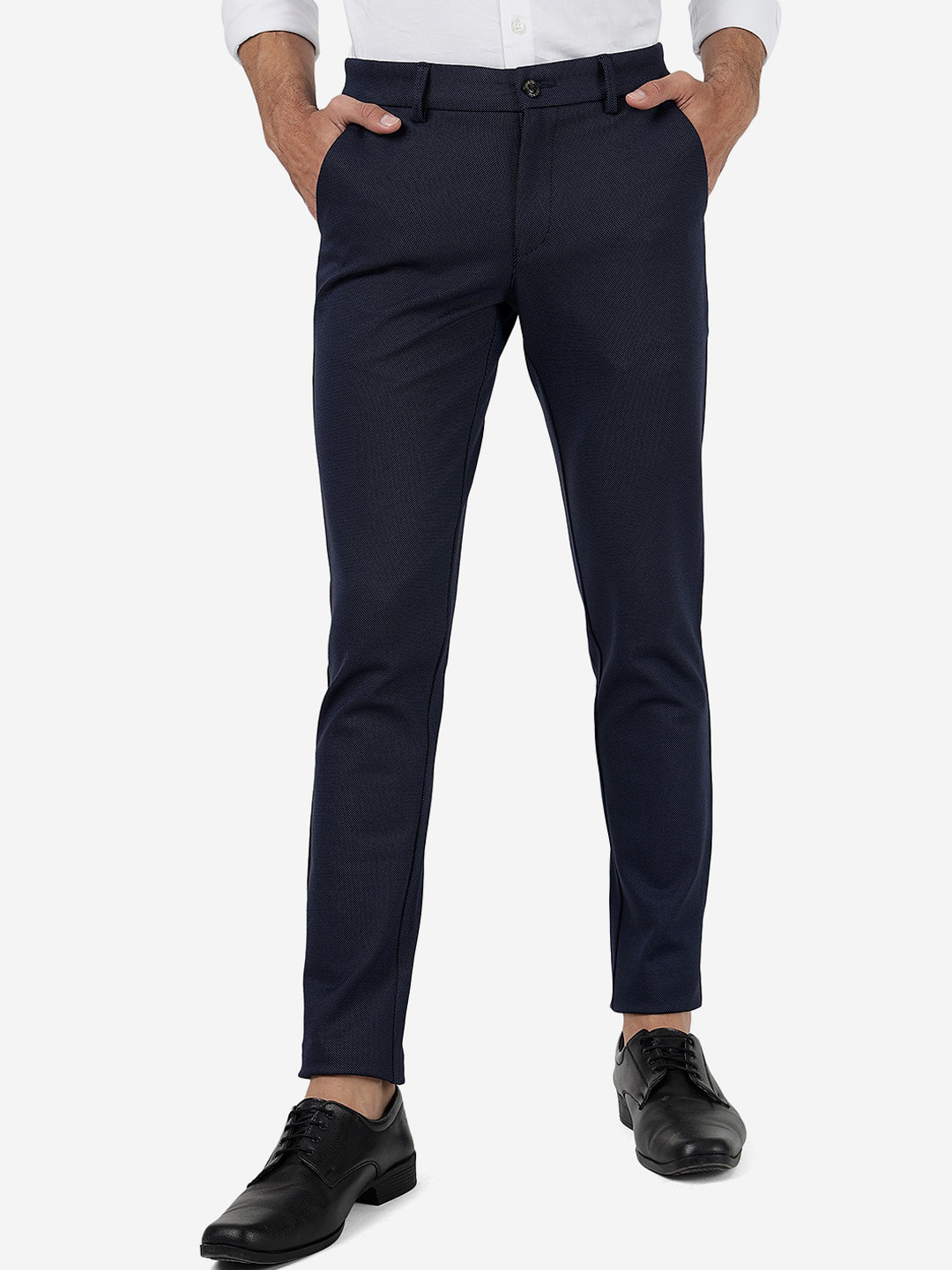 

JADE BLUE Men Mid Rise Plain Pure Cotton Trouser, Navy blue