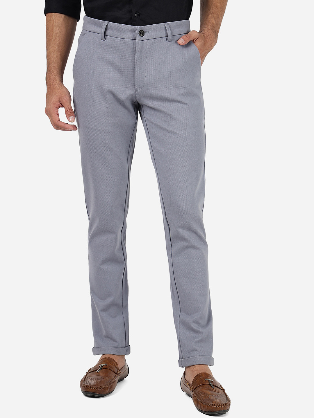 

JADE BLUE Men Mid Rise Plain Pure Cotton Trousers, Grey