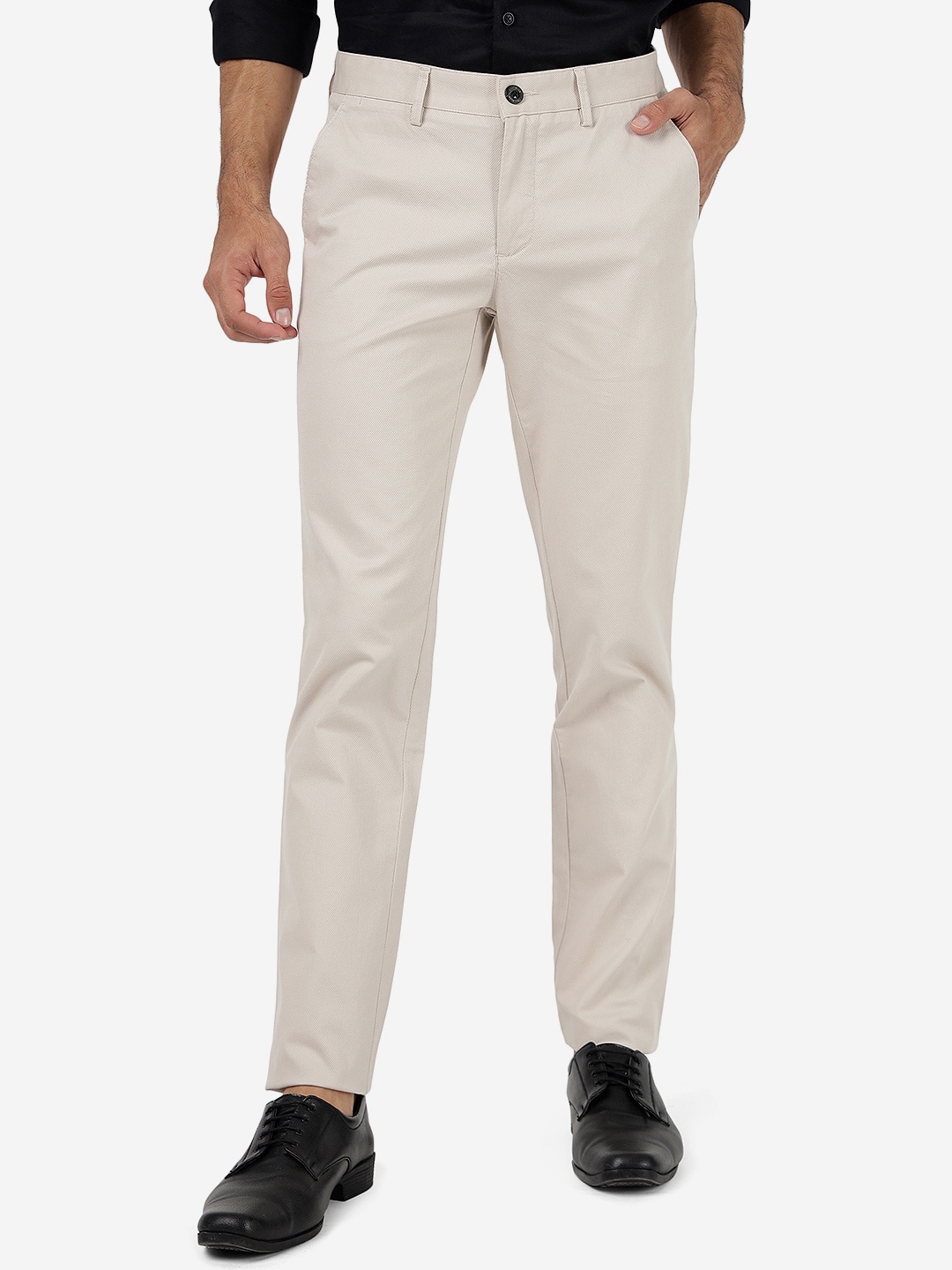 

JADE BLUE Men Mid Rise Plain Pure Cotton Slim Fit Trouser, Cream