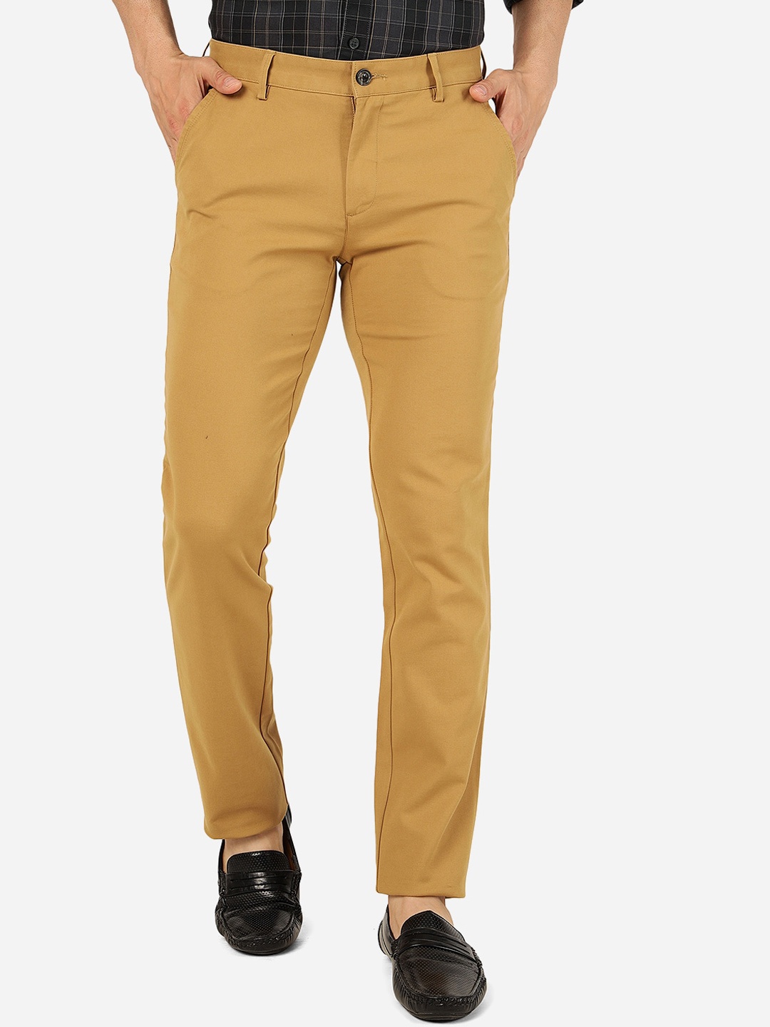 

JADE BLUE Men Mid Rise Plain Pure Cotton Slim Fit Trousers, Khaki
