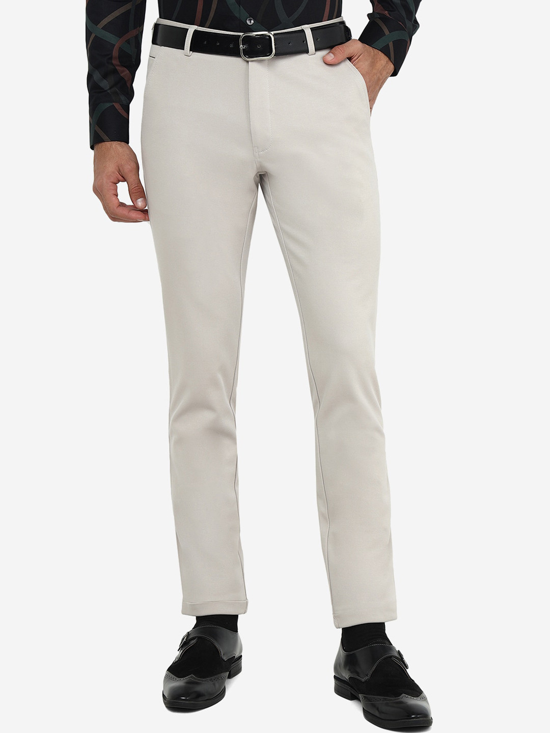

JB STUDIO Men Mid Rise Slim Fit Formal Trousers, Cream