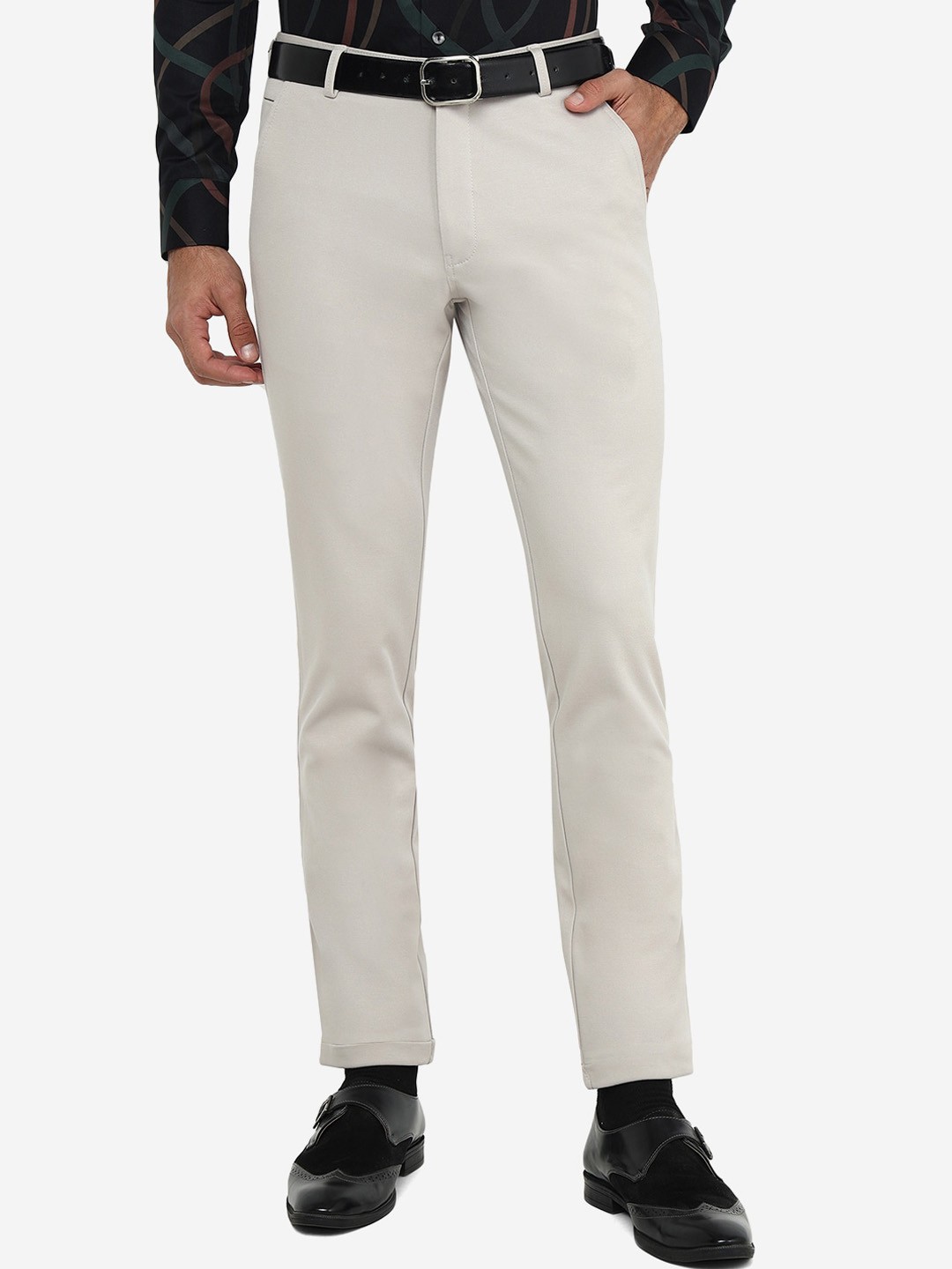 

JB STUDIO Men Mid Rise Slim Fit Formal Trousers, Cream