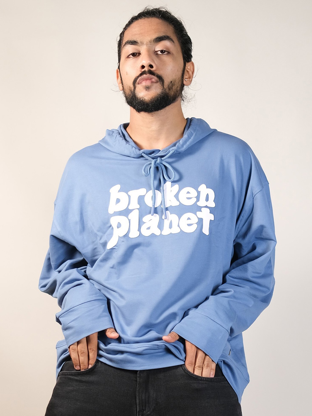 

Maniac Printed Pure Cotton Hooded Pullover Sweatshirt, Blue