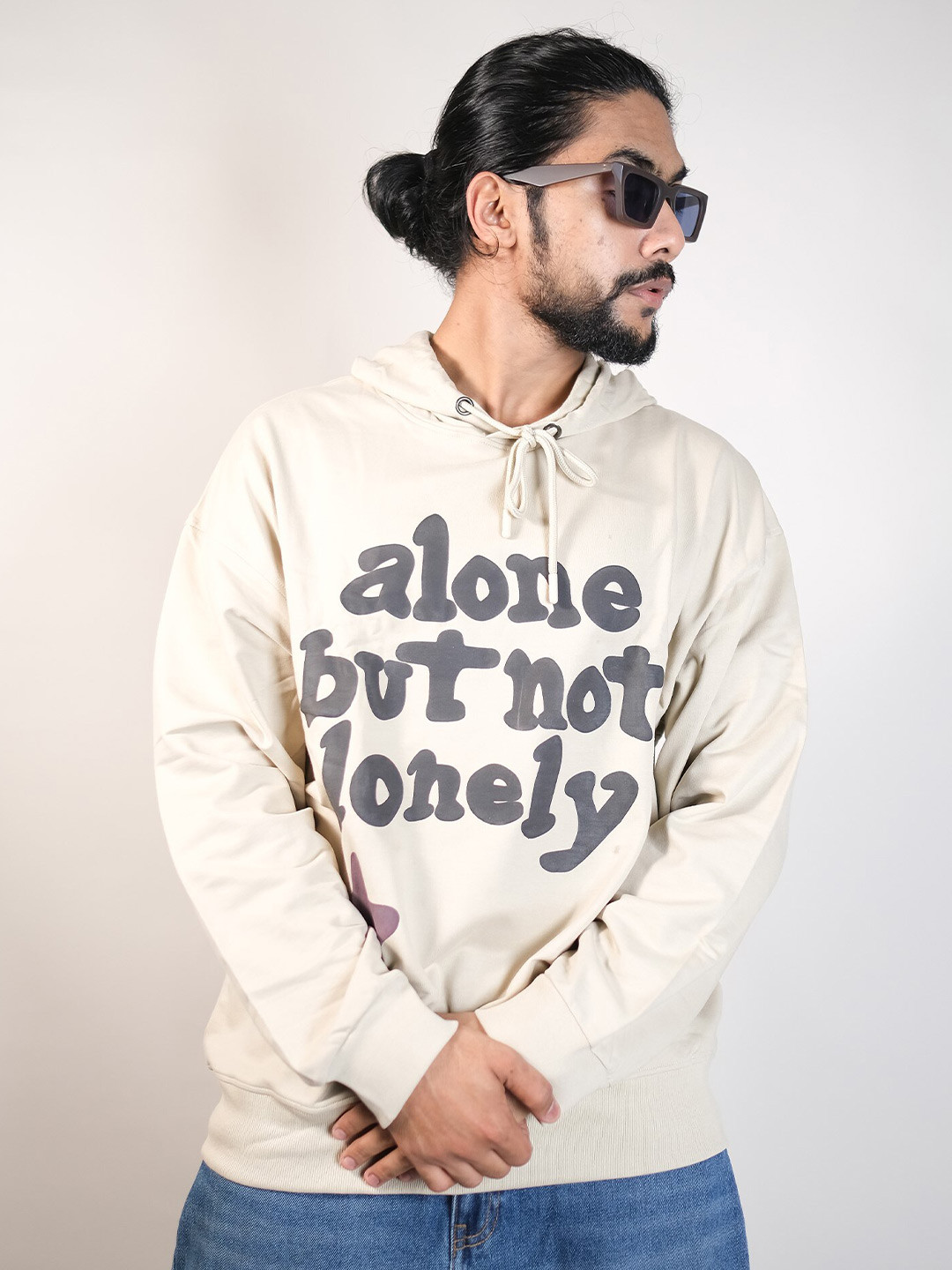

Maniac Printed Pure Cotton Hooded Pullover Sweatshirt, Beige