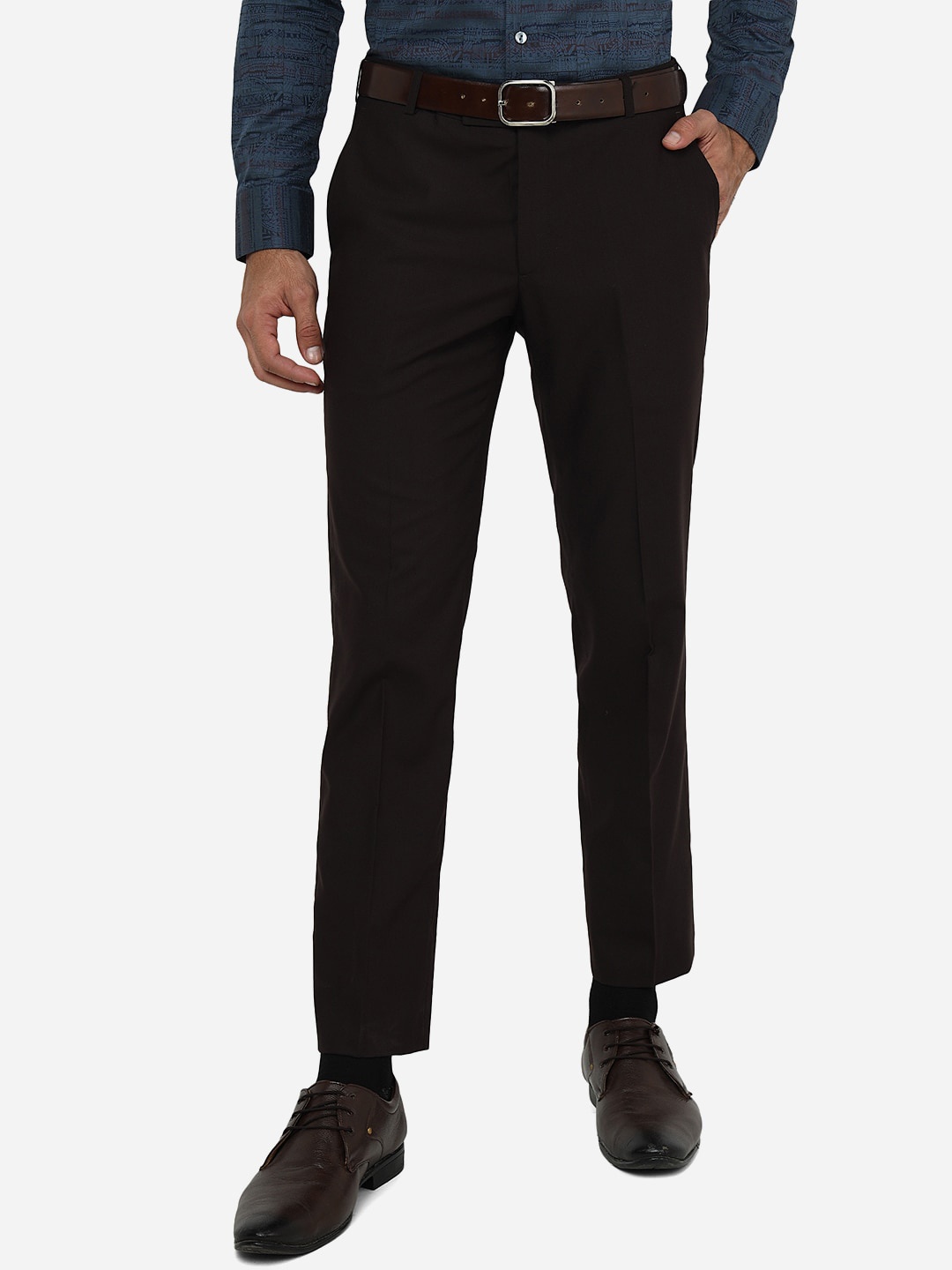

METAL Men Slim Fit Flat Front Formal Trousers, Brown